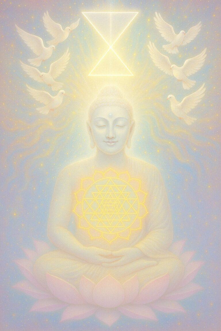 Valgustunud Buddha lootosõiel rahu tuvide ja püramiididega - Vaimse Teadvuse Hüpnoos logo